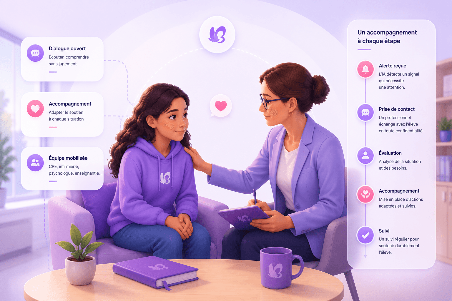 Une élève échange avec une professionnelle qui l'accompagne, avec le parcours d'alerte et de suivi affiché à ses côtés