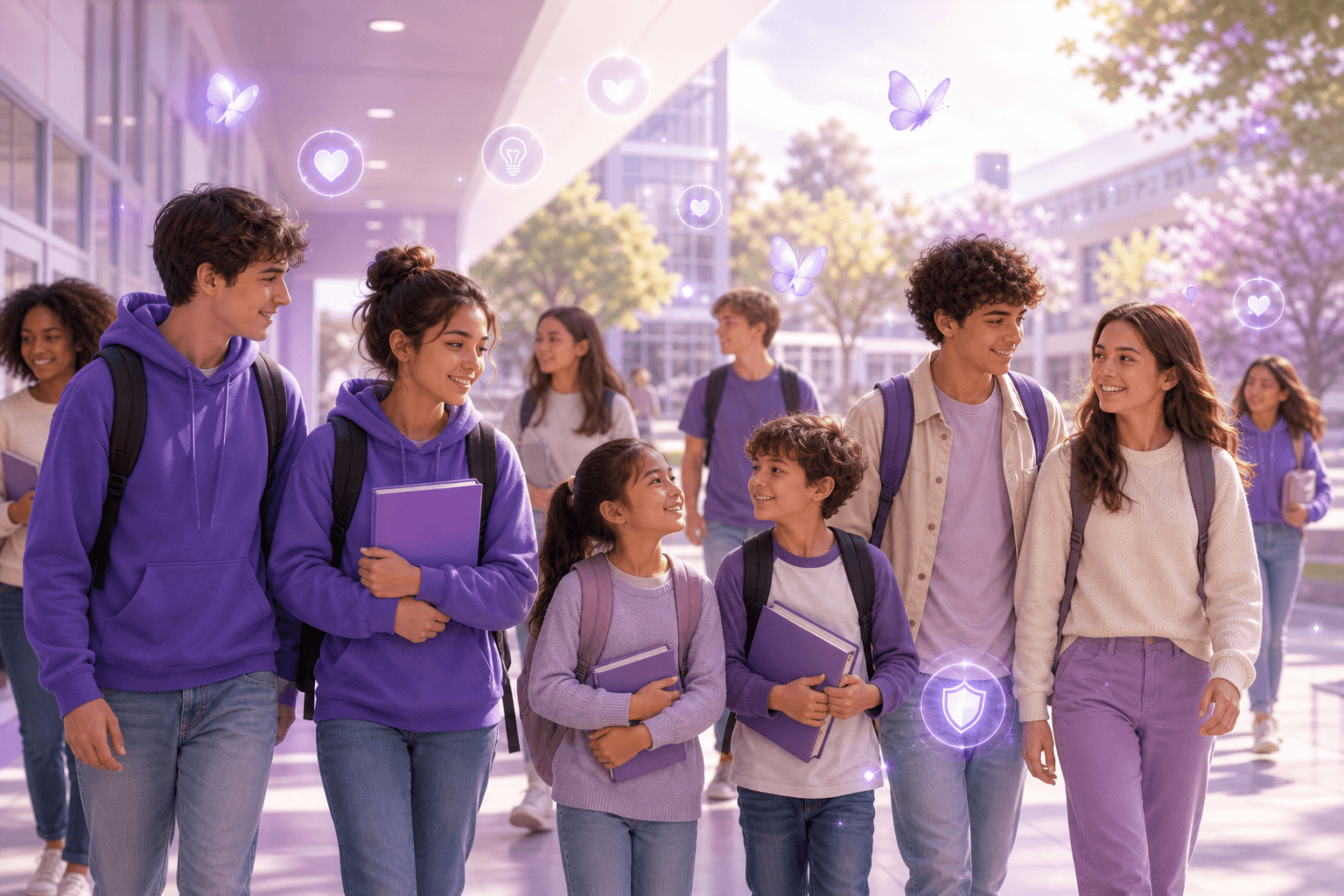 Un groupe d'élèves souriants marche ensemble dans un établissement scolaire lumineux