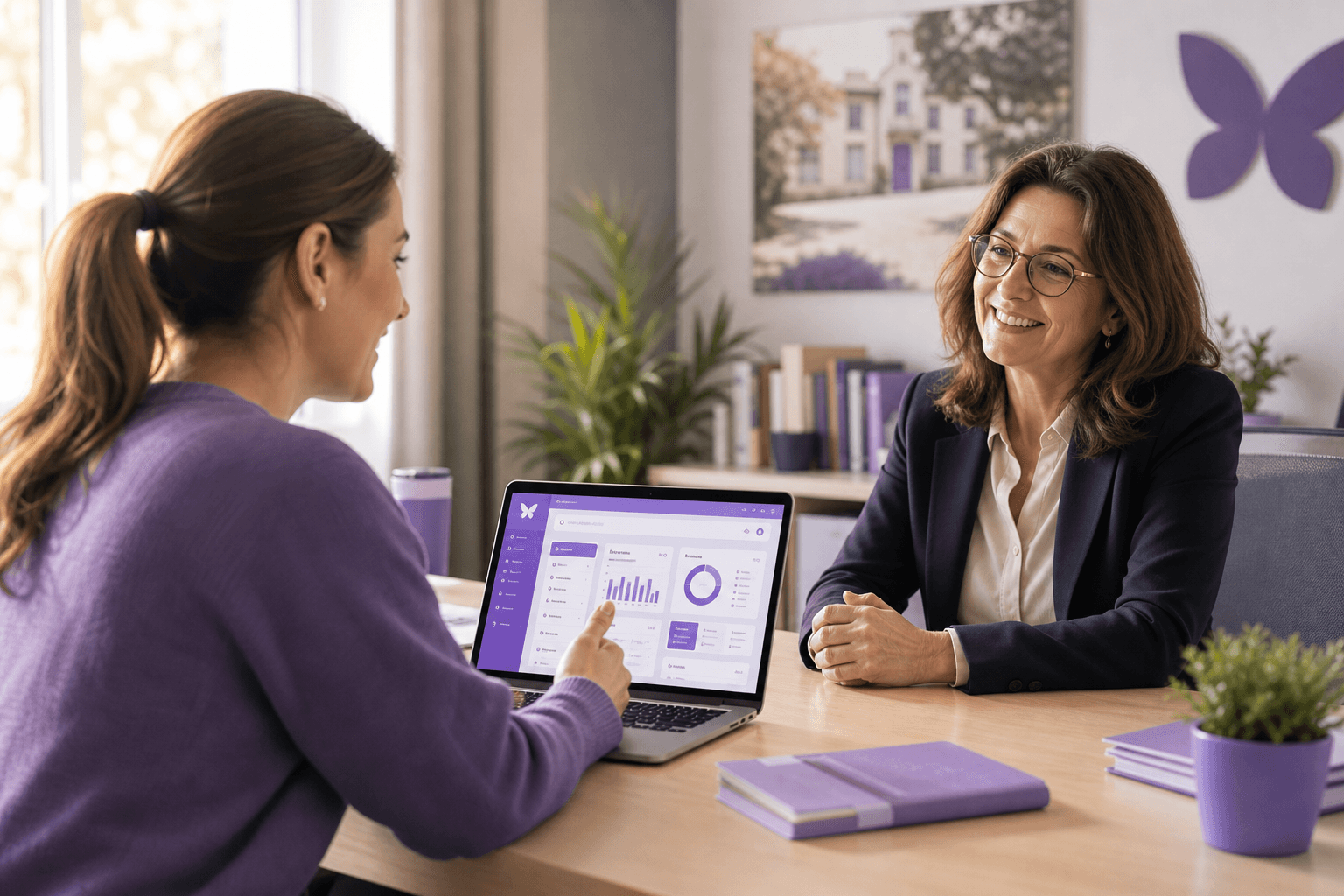 Une directrice d'établissement échange avec un membre de l'équipe Mélio autour du tableau de bord