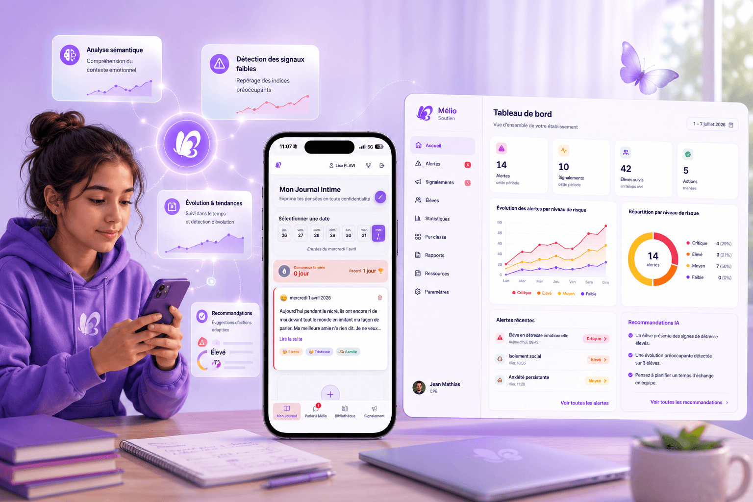 Une adolescente utilise l'application Mélio sur son téléphone, avec en arrière-plan le tableau de bord établissement et des indicateurs d'analyse par l'IA