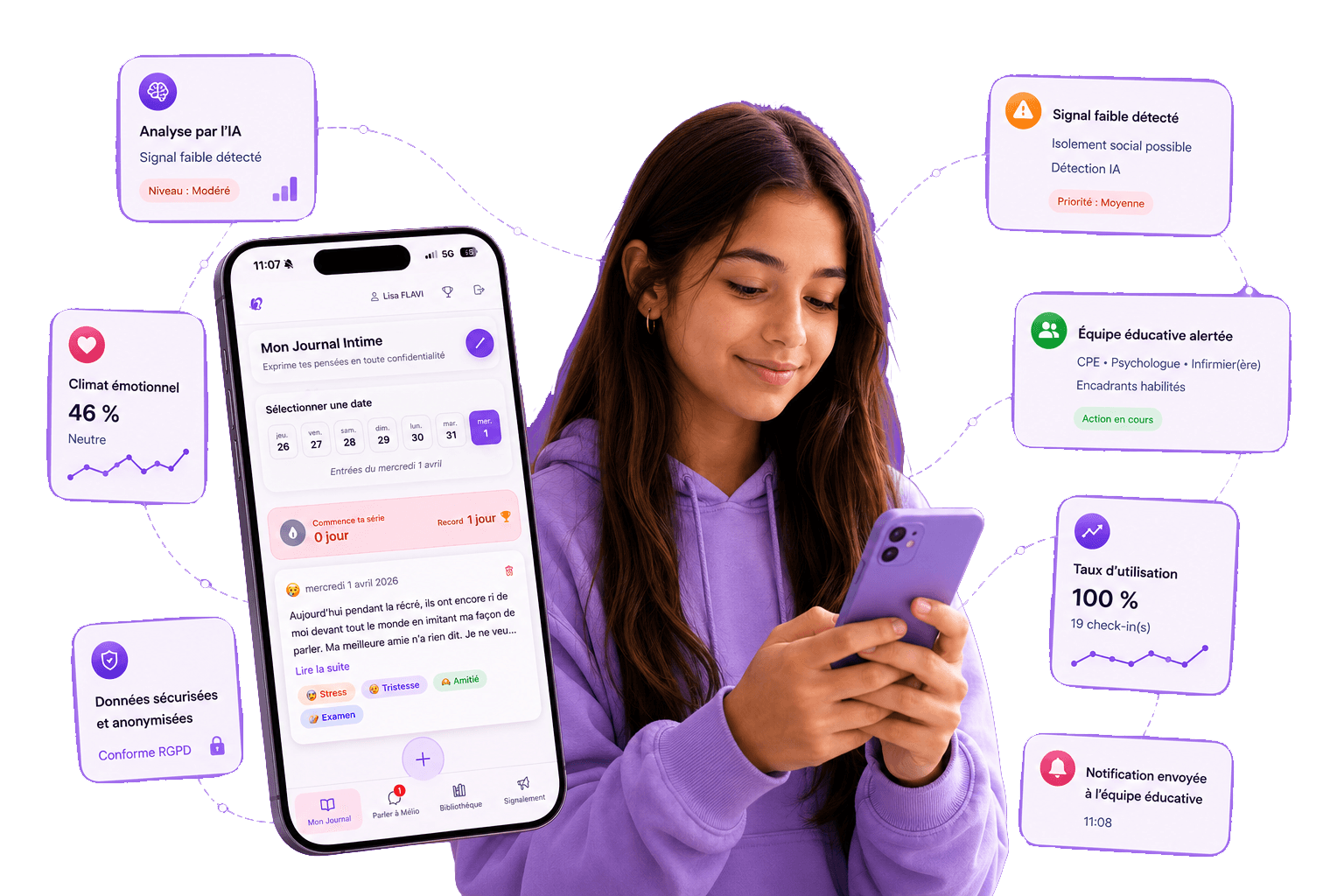 Une adolescente écrit librement dans son journal depuis l'application Mélio